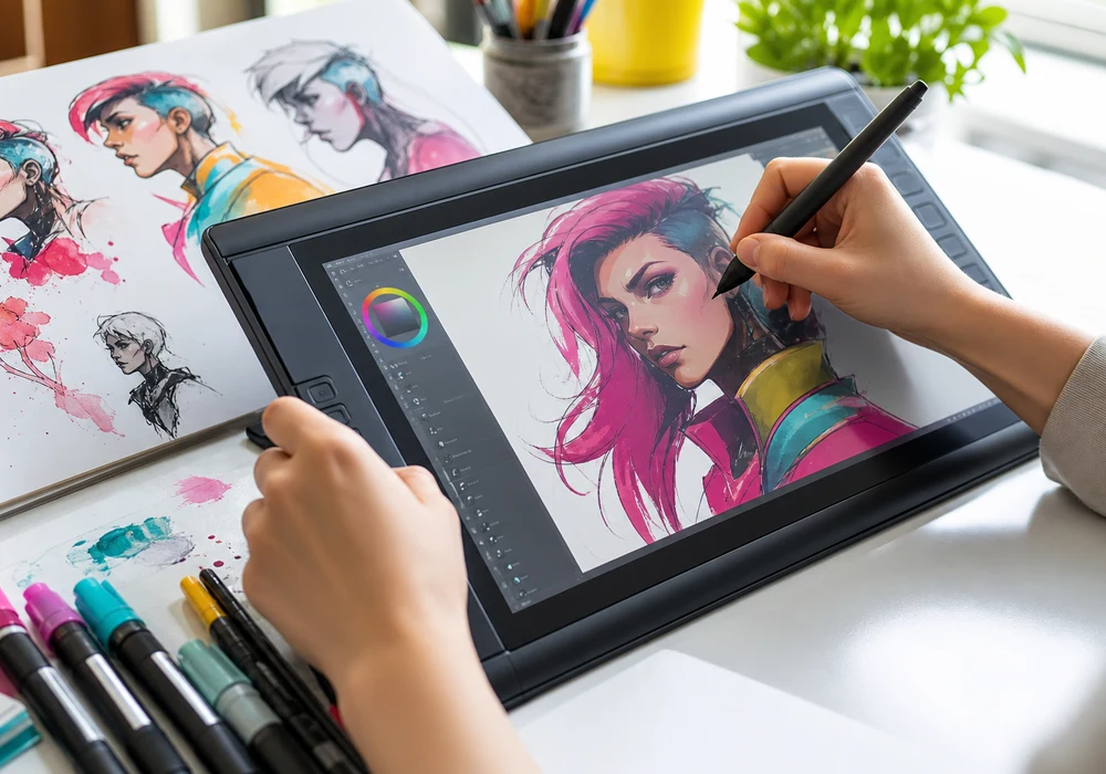 Haende zeichnen mit Stylus auf einem Grafiktablet fuer einen Digital-Art-Kurs