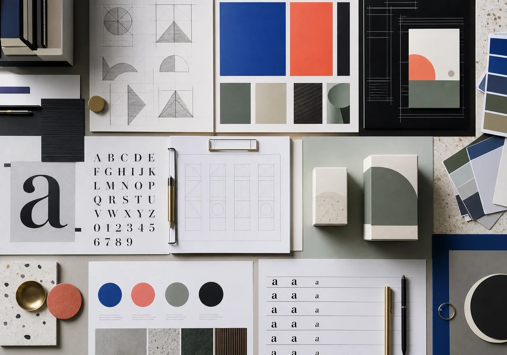 Branding-Board mit Typografie, Farbkarten und Layout-Skizzen fuer Grafikdesign